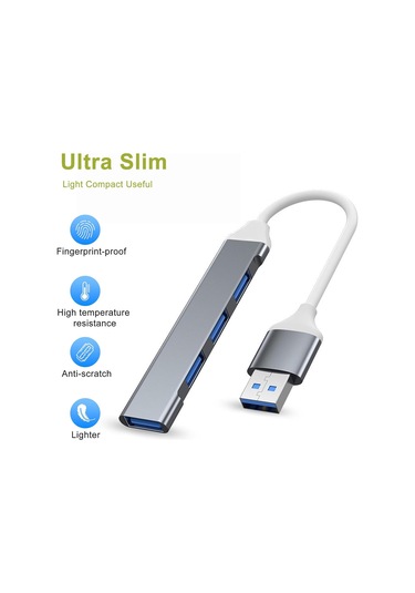Usb Hub Çoklu Bağlantı Noktası Adaptörü, 4'ü 1 Arada Usb Bağlantı Noktası Ayırıcı, 5 Gbps Veri Aktarımı, Alüminyum Gümüş