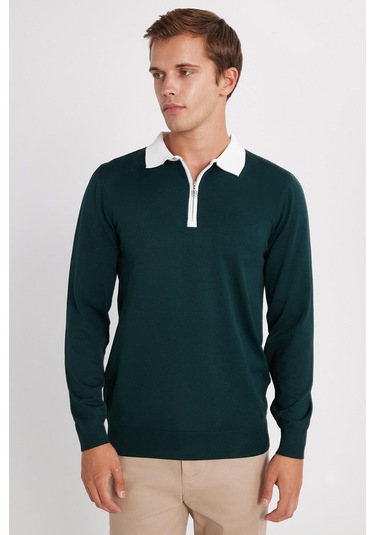 Erkek Standart Fit Uzun Kol Yarım Fermuarlı Polo Yaka Yeşil Kazak-35799 Yeşil