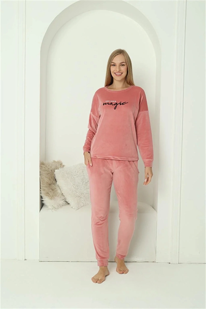 Moda Kadın Kadife Pembe Pijama Takım Pembe