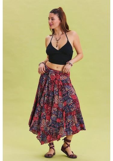 Beli Bağlamalı Salaş Midi Kloş Etek Kırmızı