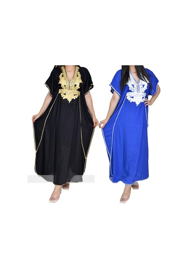 Nakış Fas Kaftan Bayan Maxi Bayram Elbisesi Arap Farasha Rahat Uzun Büyük Boy Parti Mavi