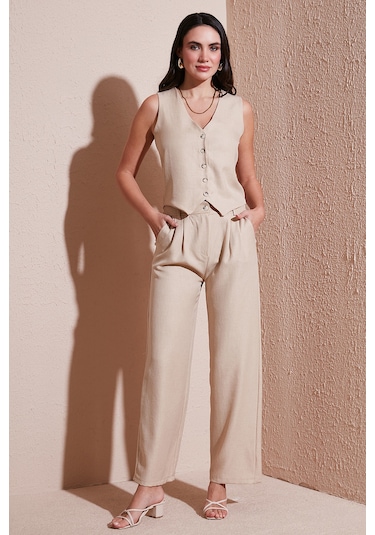 Lela Regular Fit Bol Paça Yelekli Bayan Takım 67045162S4 Taş