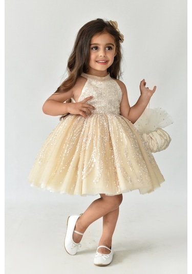 Dantel Süslemeli Cappuccino Camel Tasarım Abiye Kız Çocuk Tül Birçe Elbise 001