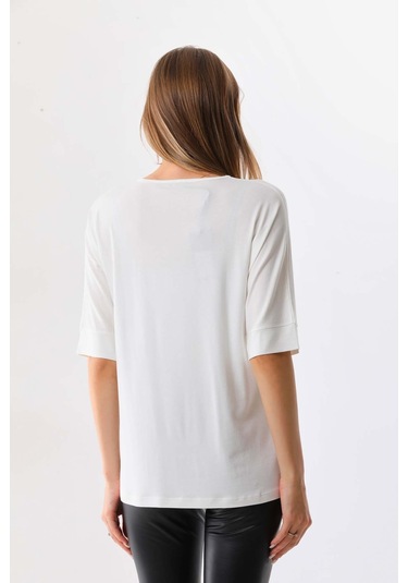 Sistas Kadın Kare Desenli Kısa Kol Bluz 23098 Ekru