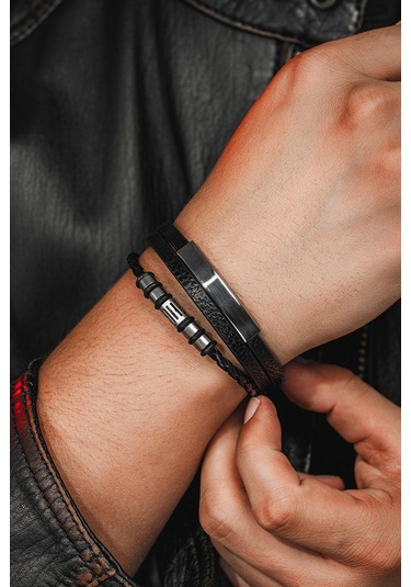 Erkek Deri Bileklik - İsim Yazılan Paslanmaz Çelik Deri Kordonlu Erkek Bileklik Siyah