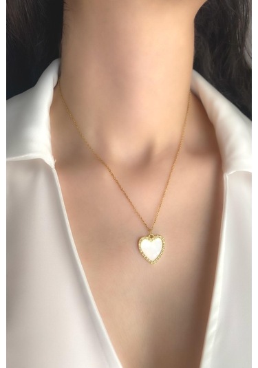 Kadın Çelik Kolye Zirkon Çerçeve Sedef Kalp Kolye Altın