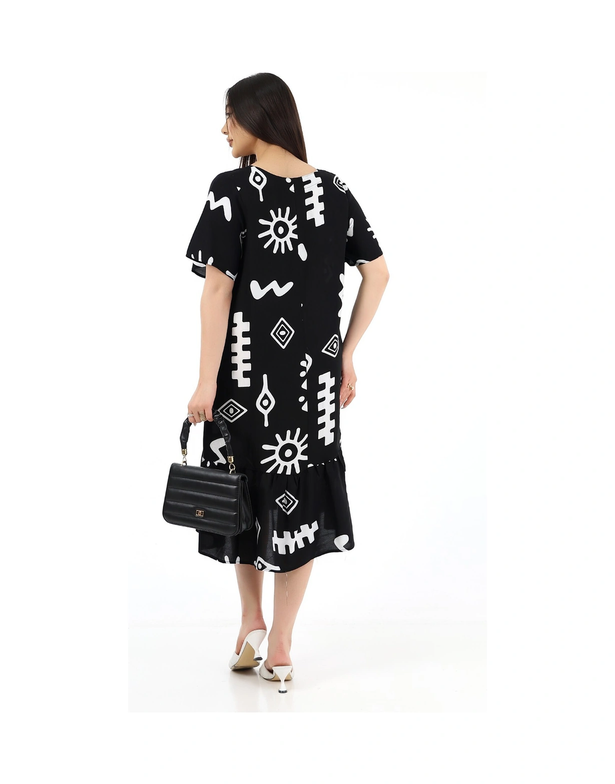 Schık Kadın Viskon Yarım Kol V Yaka Cepli Fırfırlı Elbise Siyah Siyah