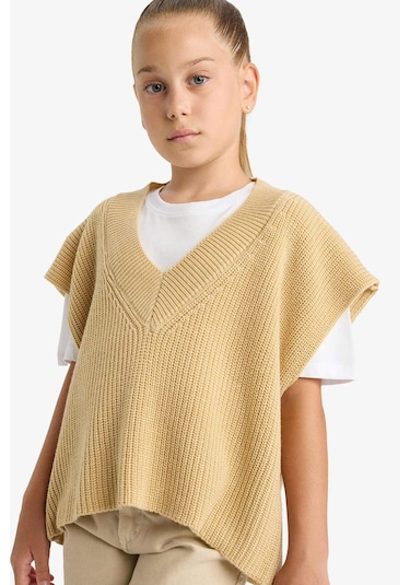 Defacto Kız Çocuk Oversize Geniş Kalıp V Yaka Triko Süveter F2625a825aubn300 Kahve