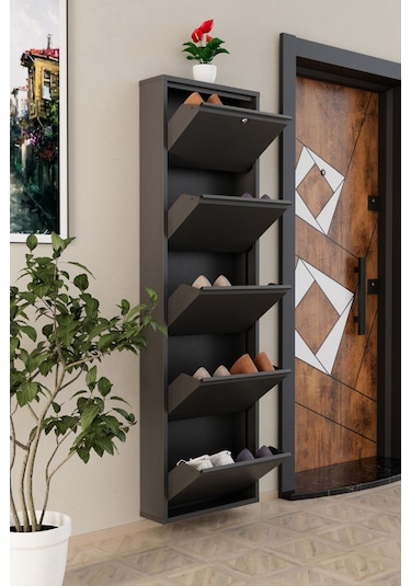 Kilitli 5 Kapaklı Metal Ayakkabılık Antrasit Antrasit