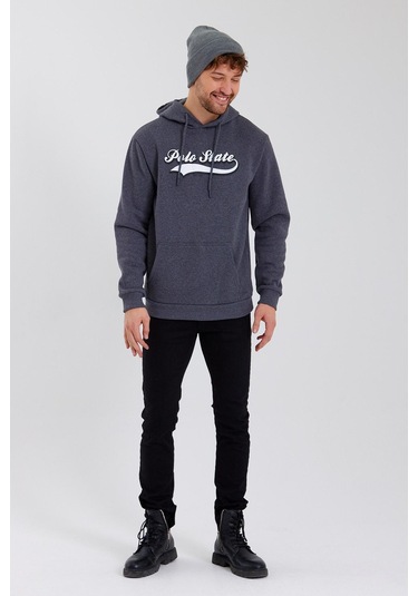 Erkek 3 İplik Pamuklu İçi Polarlı Baskılı Regular Fit Kapüşonlu Kanguru Cepli Antrasit Sweatshirt Antrasit