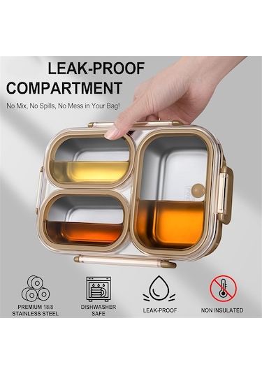Xurunkeji Paslanmaz Çelik Öğle Yemeği Kutusu 3 Bölmeli Metal Öğle Yemeği Kabı Çelik Bento Kutusu - Okul, Ofis Ve Açık Hava İçin İdeal Krem Beyazı