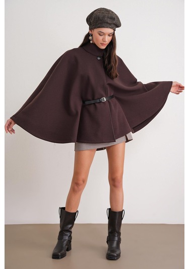 4768 Kadın Kemerli Panço Premium Kaşe Ceket Kahve Kahve