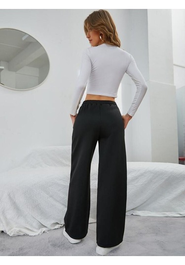 Kallima Kışlık Polarlı Yüksek Bel Siyah Bol Paça Eşofman Altı Siyah