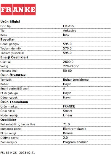 Franke Smart Linear FSL 86 H XS 71 LT Ankastre Fırın