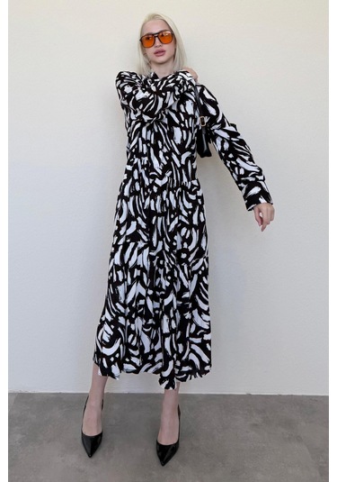 Madmext Beyaz Uzun Kollu Düğmeli Desenli Elbise Mg2431 Beyaz