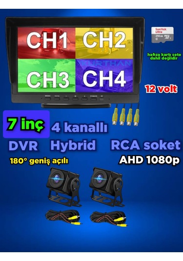 2 Adet 1080p Ahd 180 Derece Balık Gözü Kamera 7 İnç 256 Gb Destekli Hybrid Dvr Monitör 12 Volt