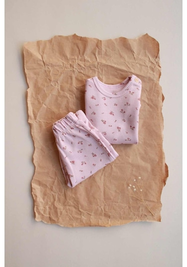 Pembe Çiçek Baskılı Şalvar Takım Pembe