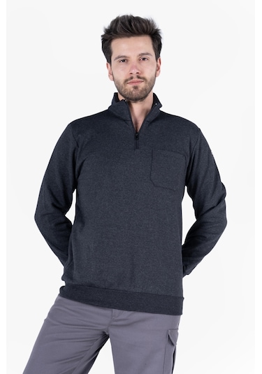 2 İplik Dik Yakalı Fermuarlı Sweatshirt Antrasit Melanj