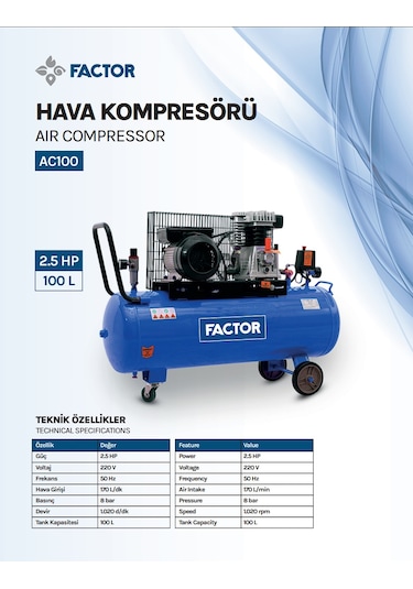 Factor AC100 2.5HP 100 L Yağlı Hava Kompresörü