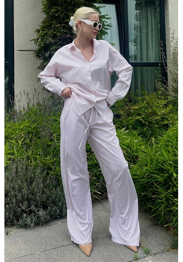 Madmext Pembe Uzun Kollu Çizgili Gömlek Pantolon İkili Takım Mg2124-pembe Pembe