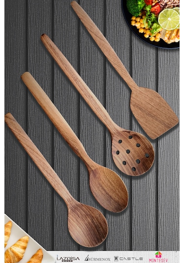 Doğal Ceviz Ağacı Ahşap Tahta Kaşık Seti Ağaç Kaşık 4lü Set 09 Ahşap