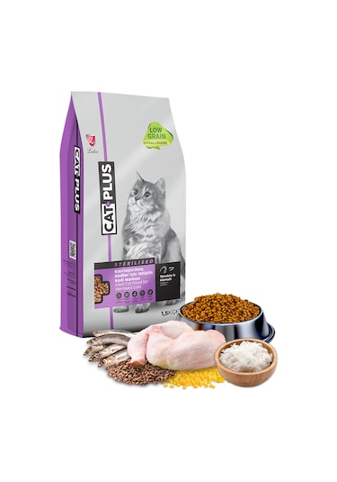 CatPlus Düşük Tahıllı Hipoalerjenik Kısırlaştırılmış Tavuklu Hamsili Yetişkin Kedi Maması 1500 G