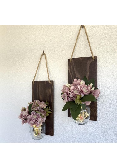 Led Işıklı, Kahve Yasemin Çiçekli Duvar Dekoru Ceviz İkili Set Ceviz