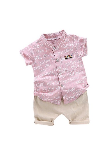 Pembe Yaz Bebek Erkek Günlük Kısa Kollu Harfli Baskılı Tişört Üst + Şort Kostüm Seti Pembe