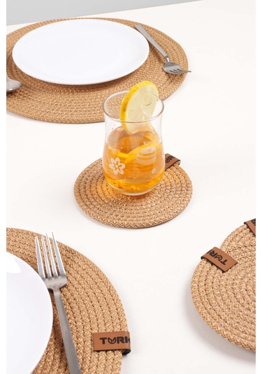 Dekoratif Salyangoz Jüt Dokuma Bardak Altlığı, 6'lı Bardak Altlığı Bej