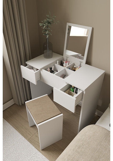 Anka Çekmeceli Aynalı Makyaj Masası Beyaz Beyaz