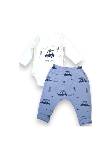 Araba Desenli Hırkalı Erkek Bebek Takım mavi