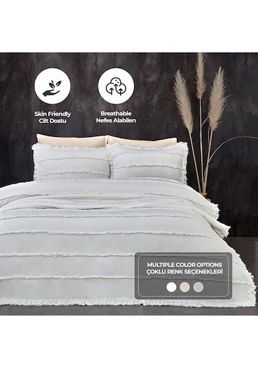 Evlen Home Pamuklu Echos Yatak Örtüsü Takımı Günlük Çift Taraflı Kişilik 3 Parça Dolgulu El İşi Beyaz
