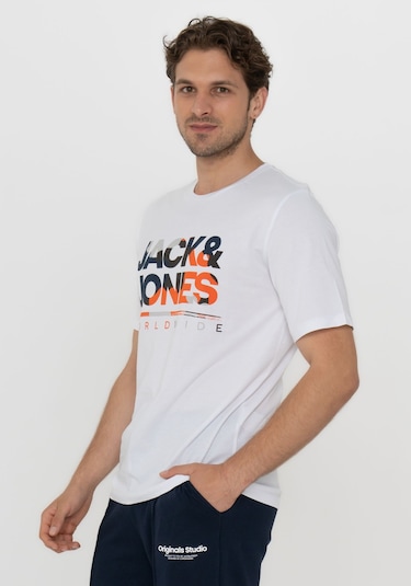 Jack & Jones Erkek Logo Baskili Kisa Kollu Tisört - Luke 12256785 White Beyaz