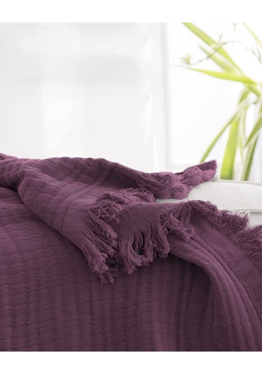 %100 Pamuk Müslin Yatak Örtüsü Tek Kişilik 4 Katlı Battaniye 2 Parça Müslin Pike Seti Mor Mor