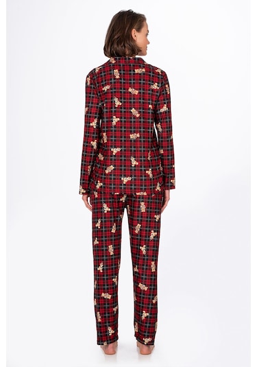 Kadın Süet Önden Düğmeli Pijama Takımı Ayıcık Desen Ayı Desen