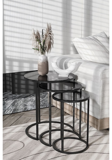 Dekoport Milas C Zigon Sehpa Temperli Füme Cam Siyah