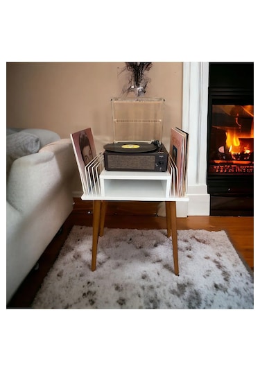 Plak Ve Pikap Sehpası 2 Li Beyaz Ahşap Ayaklı