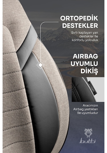 Bej - Siyah Butti Lino Serisi Keten Kumaş Premium Oto Koltuk Kılıfı Ortopedik Destekli, Ön Arka Tam Set