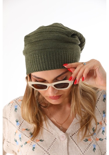 Kadın Ipli Bere Haki Selanik Örgü Atkı Takım Haki