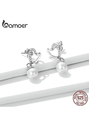 Bamoer 925 Ayar Gümüş Zarif Aşk Kabuğu İnci Kolye Damla Küpe Kadınlar İçin Parlayan Zirkon Güzel Takı Düğün Hediyesi Gümüş