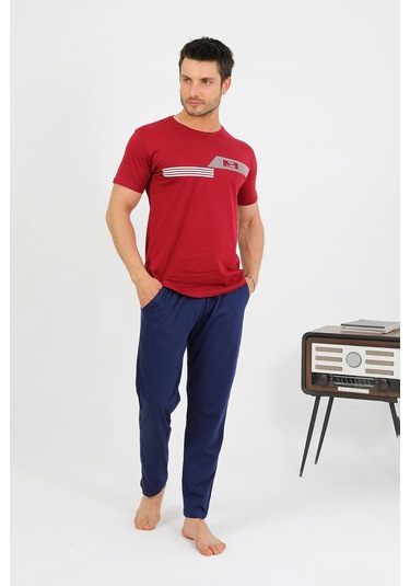 Akbeniz Erkek Pamuk Kısa Kol Pijama Takım Bordo 6875 Bordo