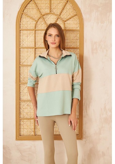 Kadın Uzun Kol Fermuarlı Polo Yaka Color Block Basic Salaş Sweatshirt Bluz 3471210 Mint