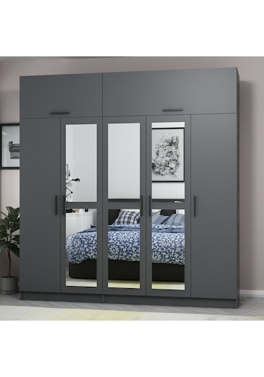 Minar Kale 5 Kapaklı 3 Aynalı 2 Ç Dolap Ve Yüklük Antrasit 255cm