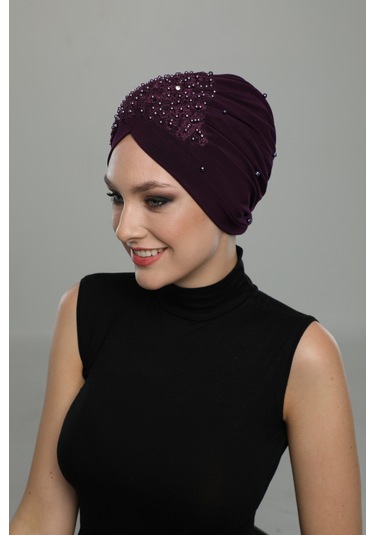 Kopma Astarlı İşlemeli Mor Dantel Motifli Hazır Türban Tesettür Abiye Bone Mor