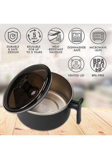 Neevoyu 1000ml Kapasiteli Çelik Lehimli Isı Yalıtımlı Microwave Uygun Yemek Kasesi, Sıcak Tutucu Kollü, Yıkama Makinesi Güvenli, Siyah Siyah