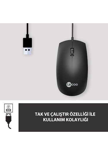 Lecoo MS100 USB Kablolu 1000 DPI 3 Tuşlu Optik Mouse