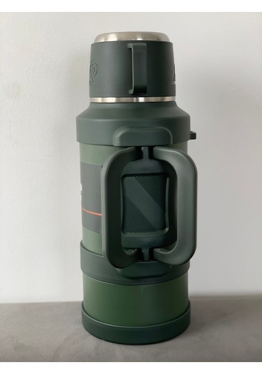 Paslanmaz Çelik 3,2 Litre Termos Haki Renk 48 Saat Sıcak 72 Saat Soğuk Kamp Piknik Seyahatte Metalik