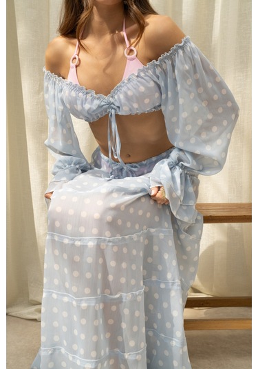Mai Collection Samos Puantiyeli Mavi Crop Etek Takım