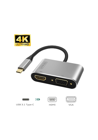 Usb 3.1 Type-C To 4K Hdmi + Vga Çevirici Adaptör Kablo Apple Uyumlu MacBook