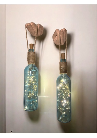 El Figürlü Duvar Lambası Pilli Led Işıklı Dekoratif Mavi Boyalı Cam Şişe Aydınlatma Vintage El Y Mavi